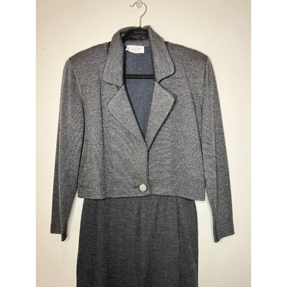 St John Sportswear Knit Gray Crop Blazer Jacket Suit Skirt Set Classic M/6 EUC - Picture 2 of 16